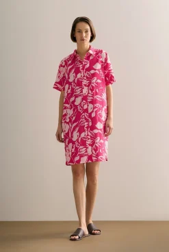 Dresses>Trenery Linen Floral Button Through Short Sleeve Shift Dress Fuchsia