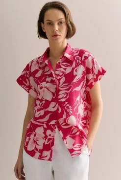 Shirts>Trenery Linen Floral Relaxed Cap Sleeve Shirt Fuchsia