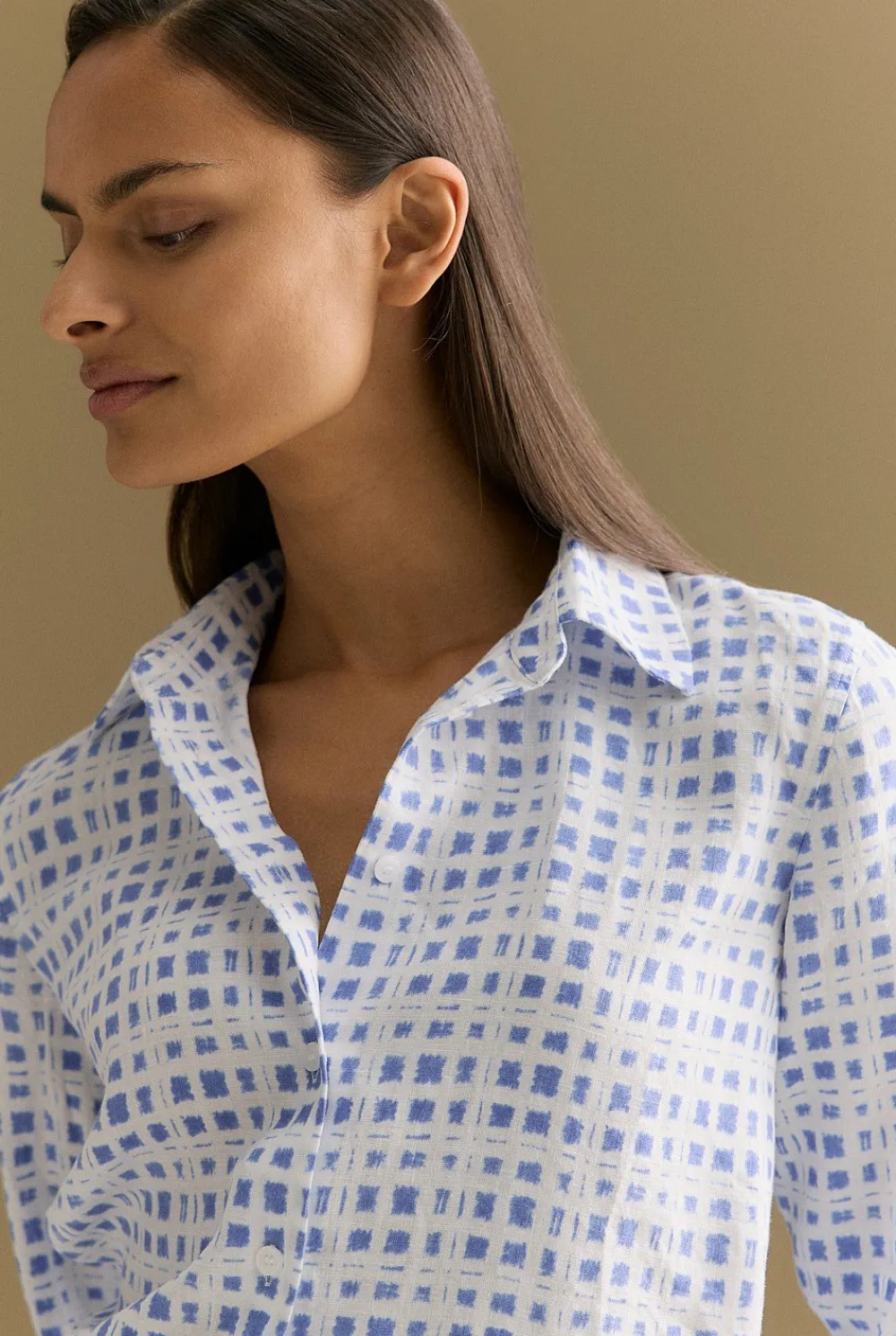Shirts>Trenery Linen Geo Grid Print Shirt CornflowerBlue