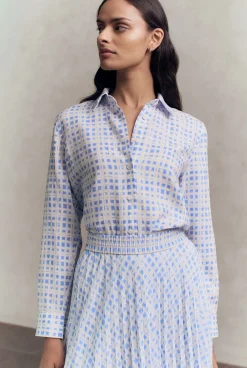 Shirts>Trenery Linen Geo Grid Print Shirt CornflowerBlue