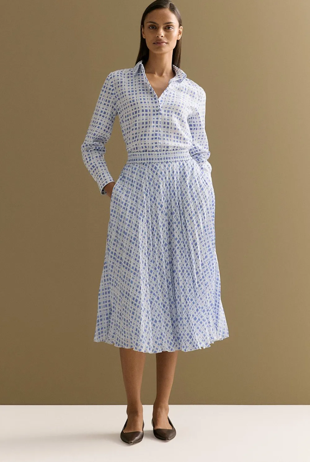 Shirts>Trenery Linen Geo Grid Print Shirt CornflowerBlue