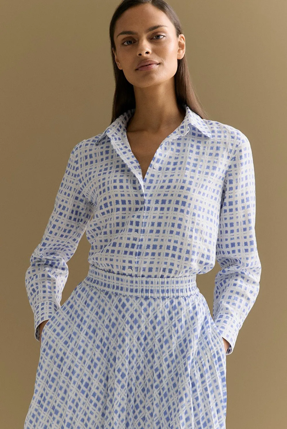 Shirts>Trenery Linen Geo Grid Print Shirt CornflowerBlue