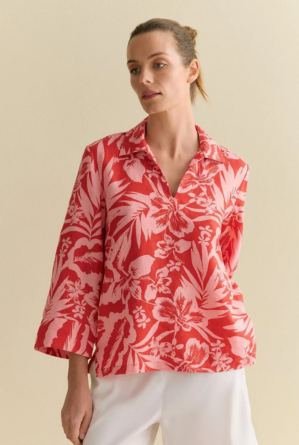 Shirts>Trenery Linen Hibiscus Relaxed Popover Shirt TrueRed