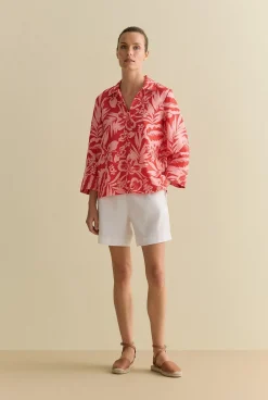 Shirts>Trenery Linen Hibiscus Relaxed Popover Shirt TrueRed