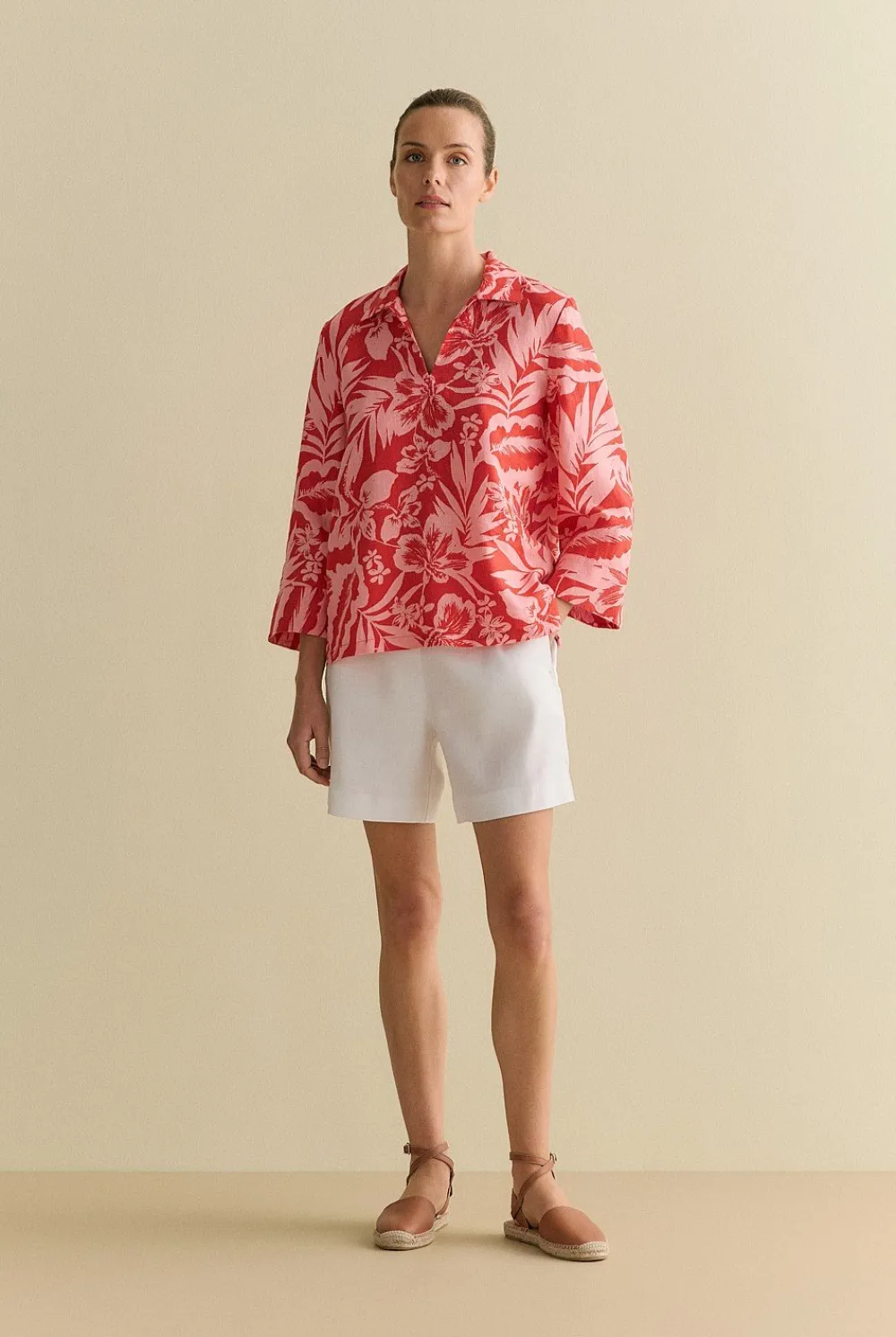 Shirts>Trenery Linen Hibiscus Relaxed Popover Shirt TrueRed