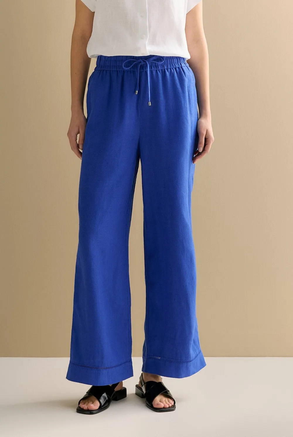 The Linen Edit>Trenery Linen Ladder Stitch Detail Pull On Pant Cobalt