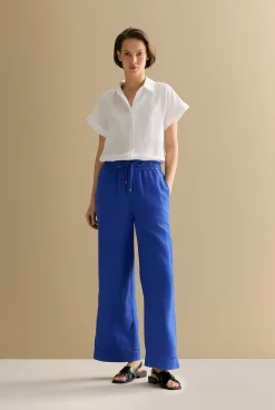 The Linen Edit>Trenery Linen Ladder Stitch Detail Pull On Pant Cobalt
