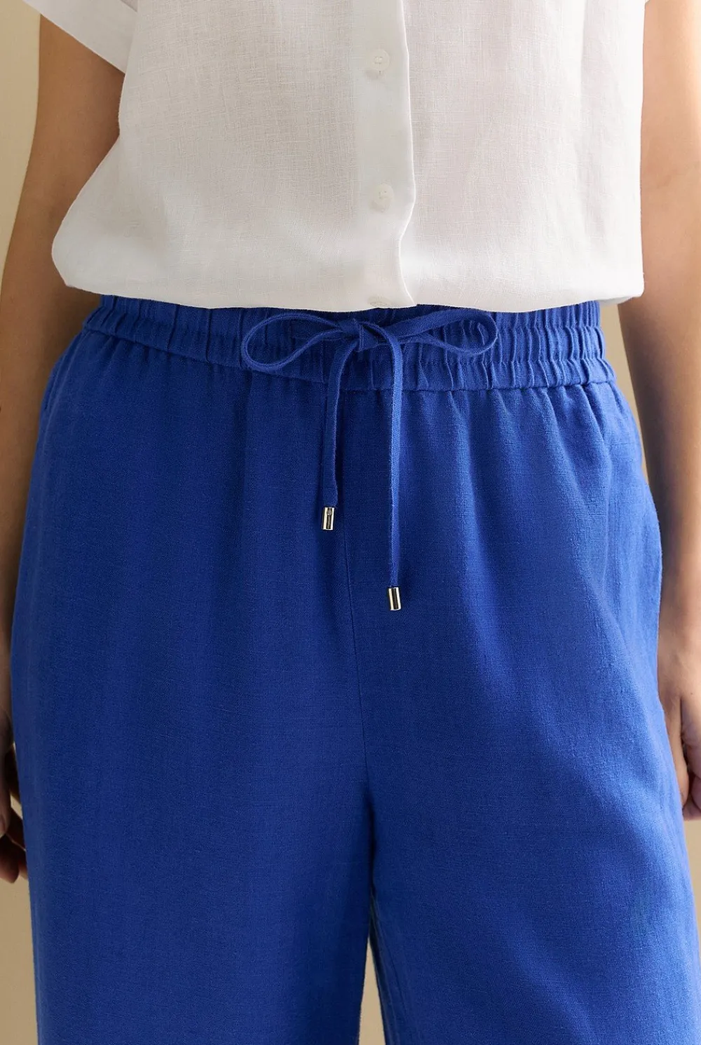 The Linen Edit>Trenery Linen Ladder Stitch Detail Pull On Pant Cobalt