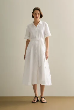 Dresses|The Linen Edit>Trenery Linen Ladder Stitch Detail Short Sleeve Dress White
