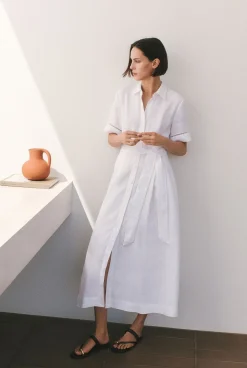 Dresses|The Linen Edit>Trenery Linen Ladder Stitch Detail Short Sleeve Dress White