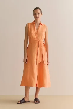 Dresses|Occasion Dresses & Outfits>Trenery Linen Panel Detail Sleeveless Shirt Dress Tangerine