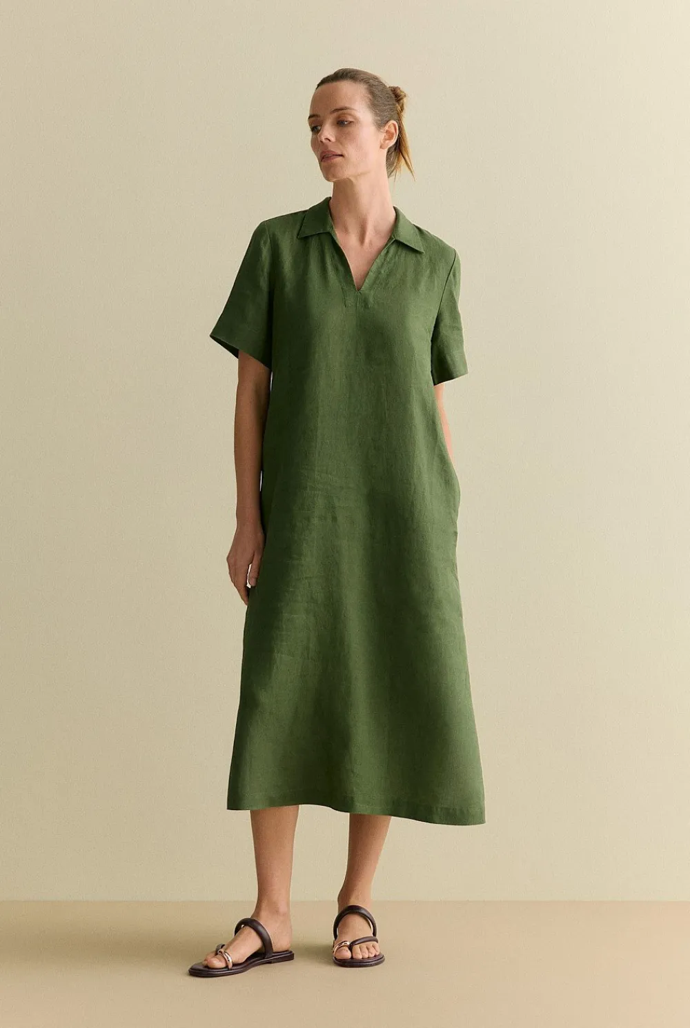 Dresses|Occasion Dresses & Outfits>Trenery Linen Polo Collar Midi Shift Dress Ivy