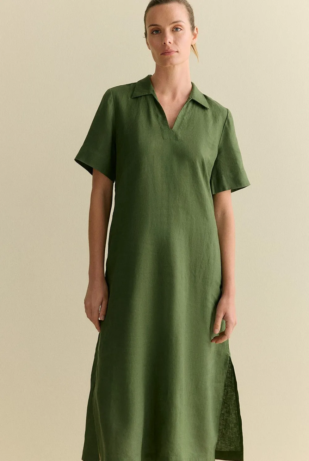 Dresses|Occasion Dresses & Outfits>Trenery Linen Polo Collar Midi Shift Dress Ivy