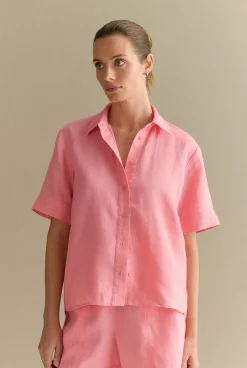 Shirts|Co-ord Sets>Trenery Linen Relaxed Short Sleeve Shirt PinkGrenadine