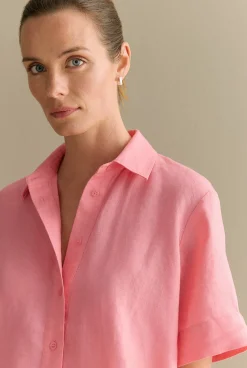 Shirts|Co-ord Sets>Trenery Linen Relaxed Short Sleeve Shirt PinkGrenadine