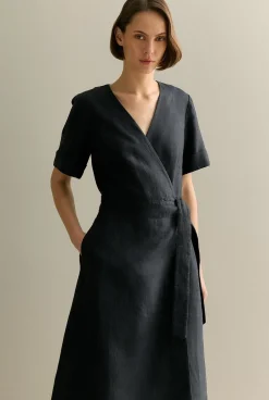 Dresses|The Linen Edit>Trenery Linen Short Sleeve Wrap Dress Black