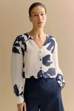 Shirts>Trenery Linen Silk Palm V Neck Blouse WhiteMulti