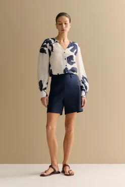 Shirts>Trenery Linen Silk Palm V Neck Blouse WhiteMulti