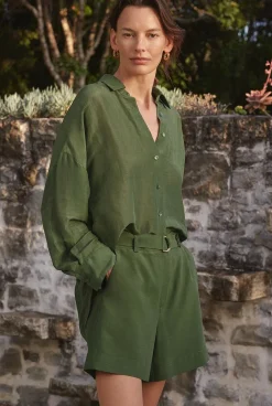Shirts|Occasion Dresses & Outfits>Trenery Linen Silk Relaxed Blouson Sleeve Shirt Ivy