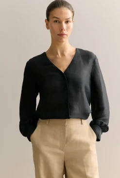 Shirts>Trenery Linen Silk V Neck Blouse Black