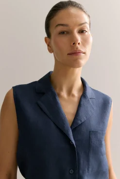 Shirts|The Linen Edit>Trenery Linen Sleeveless Shirt Navy