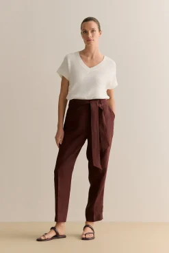 The Linen Edit>Trenery Linen Twill Belted Straight Leg Pant Chocolate
