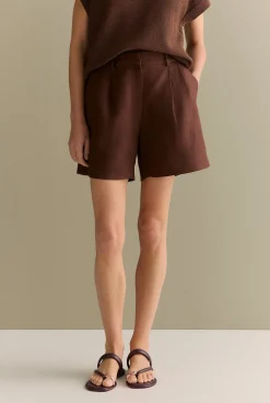 Shorts|The Linen Edit>Trenery Linen Twill Pleat Detail Short Chocolate