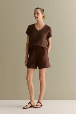 Shorts|The Linen Edit>Trenery Linen Twill Pleat Detail Short Chocolate