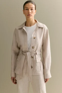 Outerwear|The Linen Edit>Trenery Linen Twill Tie Waist Jacket Pebble