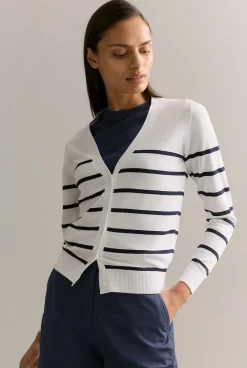 Cardigans|Knitwear>Trenery Mercerised Cotton Jersey Stripe Cardigan Navy