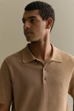 Knitwear>Trenery Mercerised Cotton Textured Knit Polo Cognac