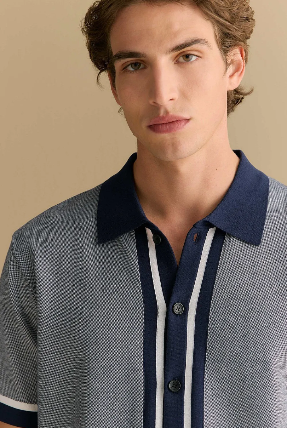 Knitwear>Trenery Mercerised Graphic Knit Shirt Navy
