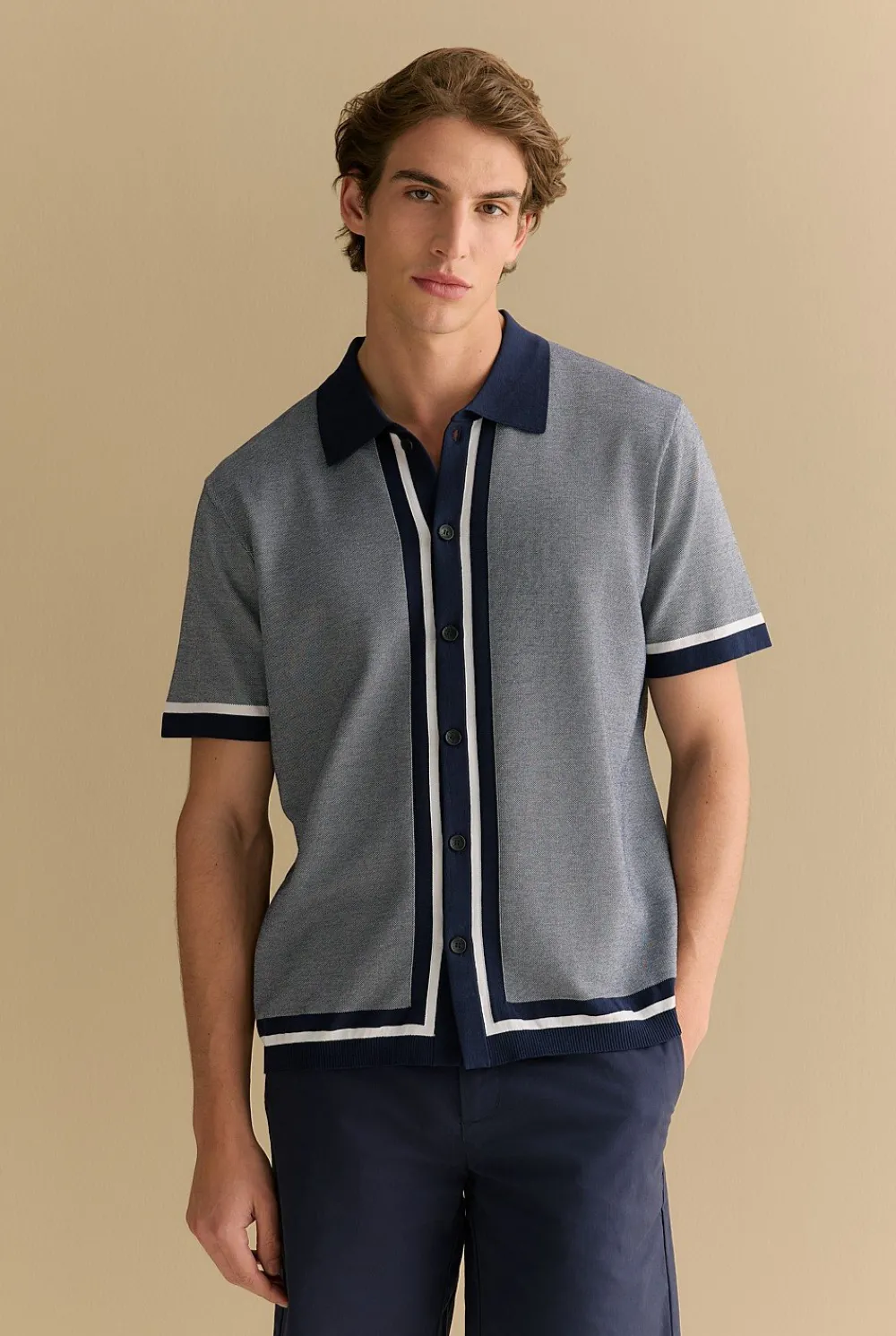 Knitwear>Trenery Mercerised Graphic Knit Shirt Navy