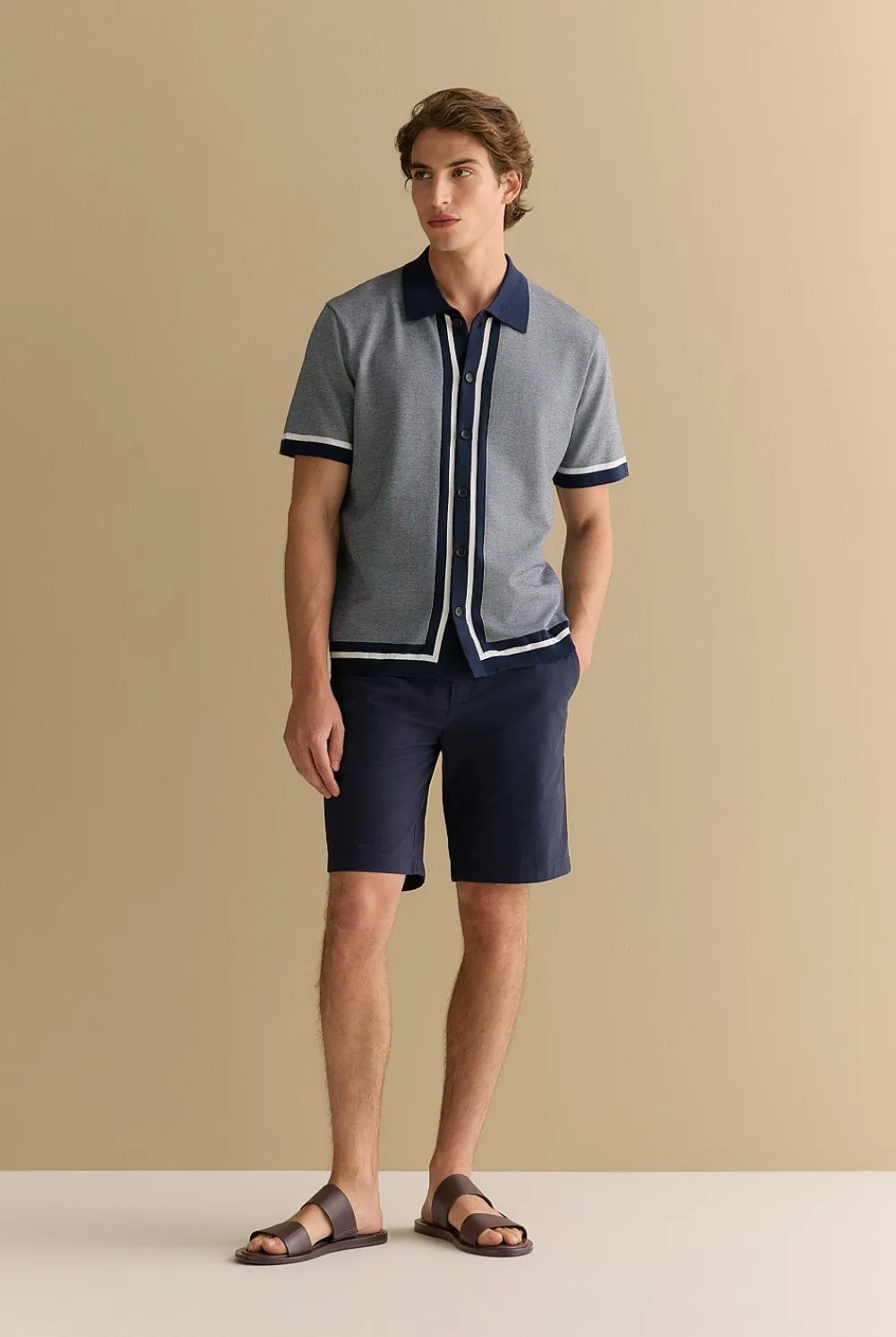 Knitwear>Trenery Mercerised Graphic Knit Shirt Navy