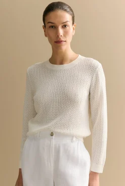Knitwear>Trenery Mercerised Lace Knit 3/4 Sleeve Crew White