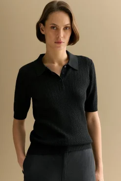 T-shirts & Tops|Knitwear>Trenery Mercerised Lace Knit Polo Black