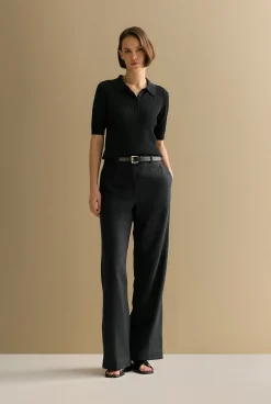 T-shirts & Tops|Knitwear>Trenery Mercerised Lace Knit Polo Black