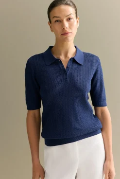 T-shirts & Tops|Knitwear>Trenery Mercerised Lace Knit Polo Navy