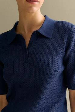T-shirts & Tops|Knitwear>Trenery Mercerised Lace Knit Polo Navy