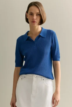 T-shirts & Tops|Knitwear>Trenery Mercerised Lace Knit Polo Cobalt
