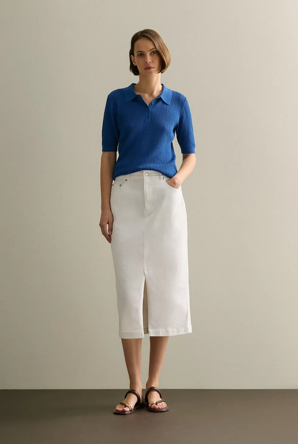 T-shirts & Tops|Knitwear>Trenery Mercerised Lace Knit Polo Cobalt