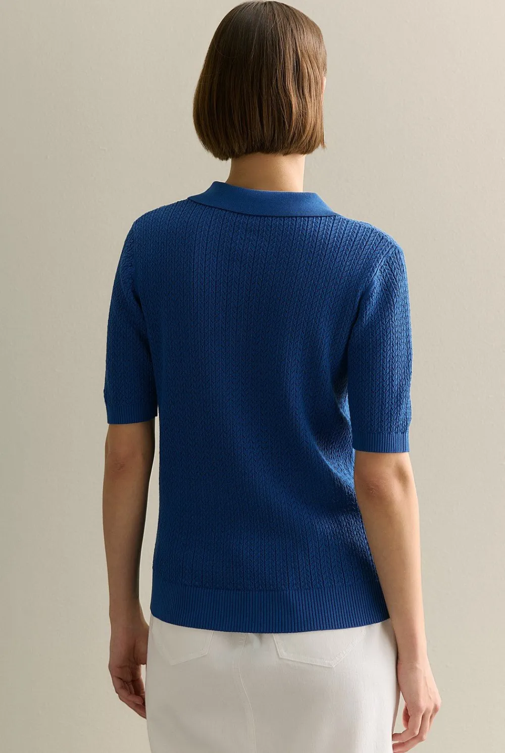 T-shirts & Tops|Knitwear>Trenery Mercerised Lace Knit Polo Cobalt