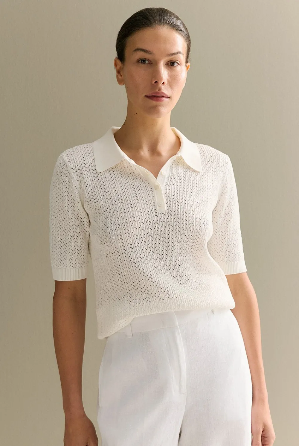 T-shirts & Tops|Knitwear>Trenery Mercerised Lace Knit Polo White