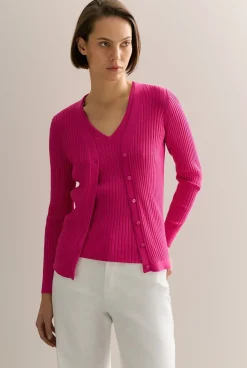 Cardigans|Knitwear>Trenery Mercerised Rib V Neck Cardigan Fuchsia