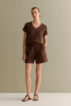 T-shirts & Tops|Knitwear>Trenery Mercerised V Neck Relaxed Knit Chocolate