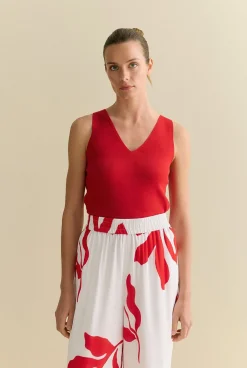 T-shirts & Tops|Knitwear>Trenery Mercerised V Neck Tank TrueRed