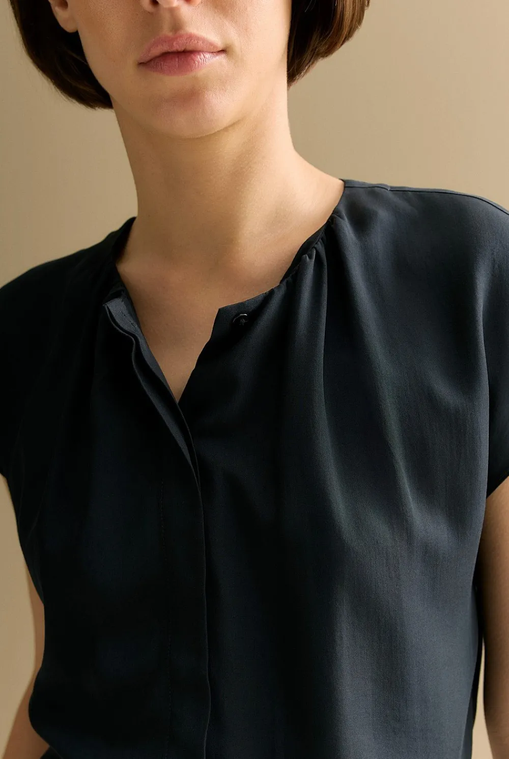 Shirts|T-shirts & Tops>Trenery Modal Gather Detail Cap Sleeve Blouse Black
