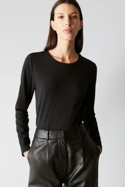 T-shirts & Tops>Trenery Organically Grown Cotton Long Sleeve Crew T-Shirt Black