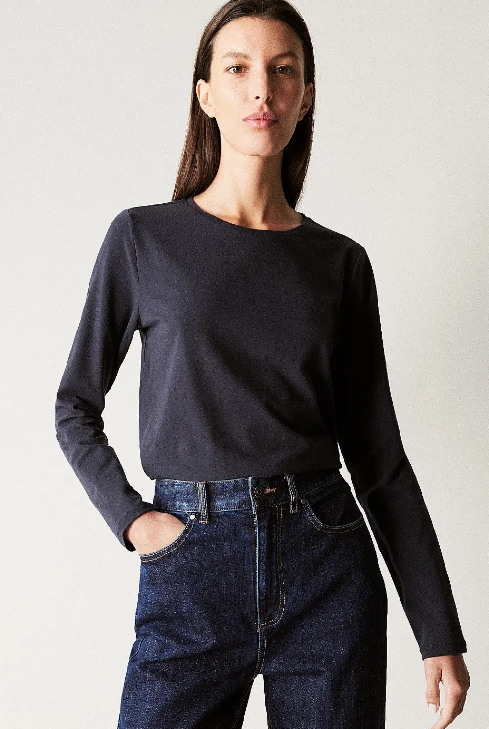 T-shirts & Tops>Trenery Organically Grown Cotton Long Sleeve Crew T-Shirt NightSky