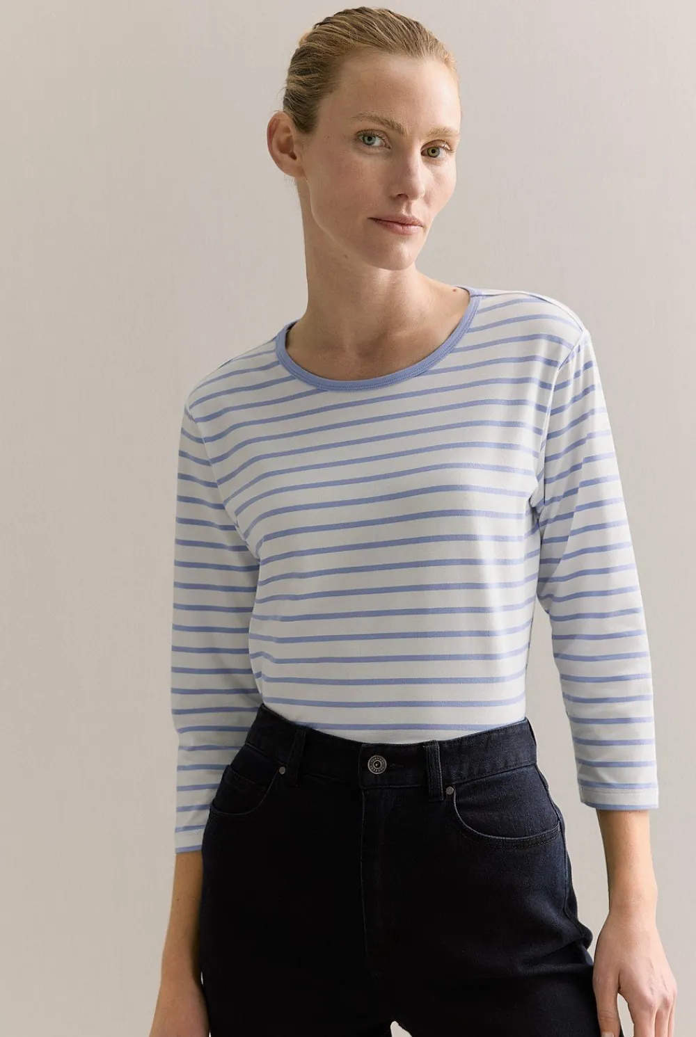 T-shirts & Tops>Trenery Organically Grown Cotton Stripe 3/4 Sleeve T-shirt CornflowerBlue
